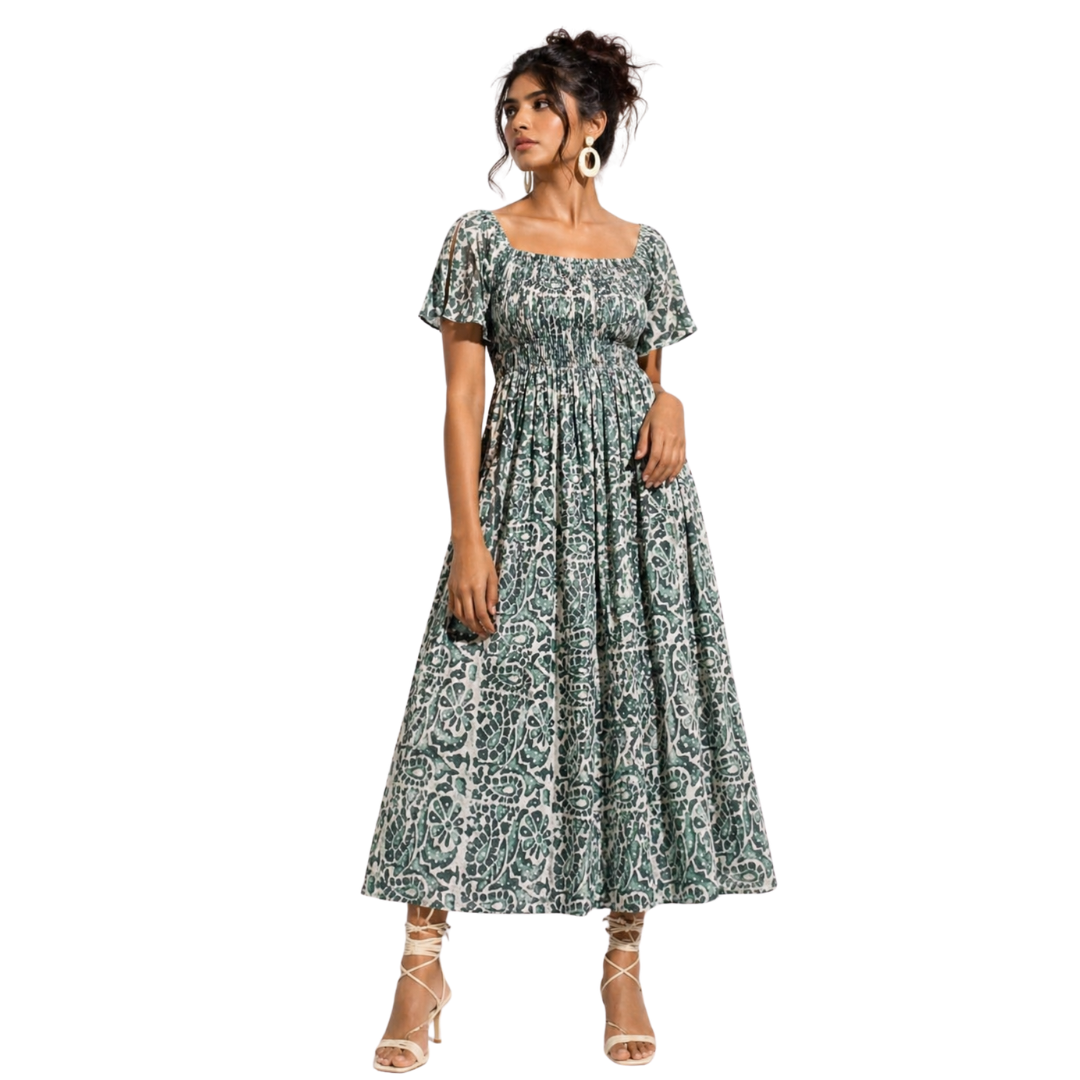 Green Bagru Printed A-line Smocked Yoke Dress with Pockets