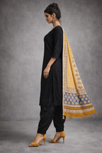 3 Pcs Set - Kurta with Pin tuck yoke Co-ords with Patiala Pants & Printed Linen Cotton Hand  Blocked Dupatta