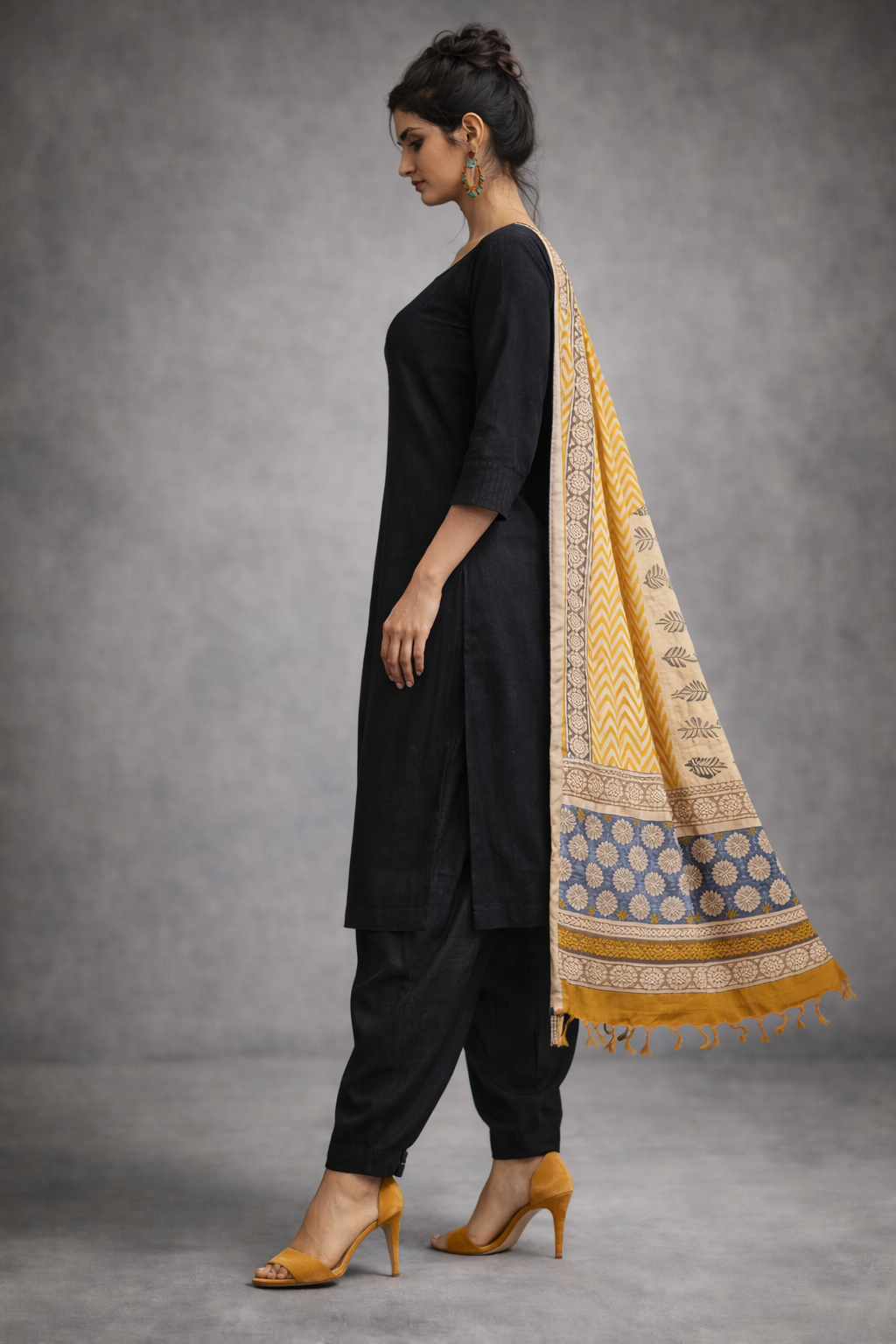 3 Pcs Set - Kurta with Pin tuck yoke Co-ords with Patiala Pants & Printed Linen Cotton Hand  Blocked Dupatta