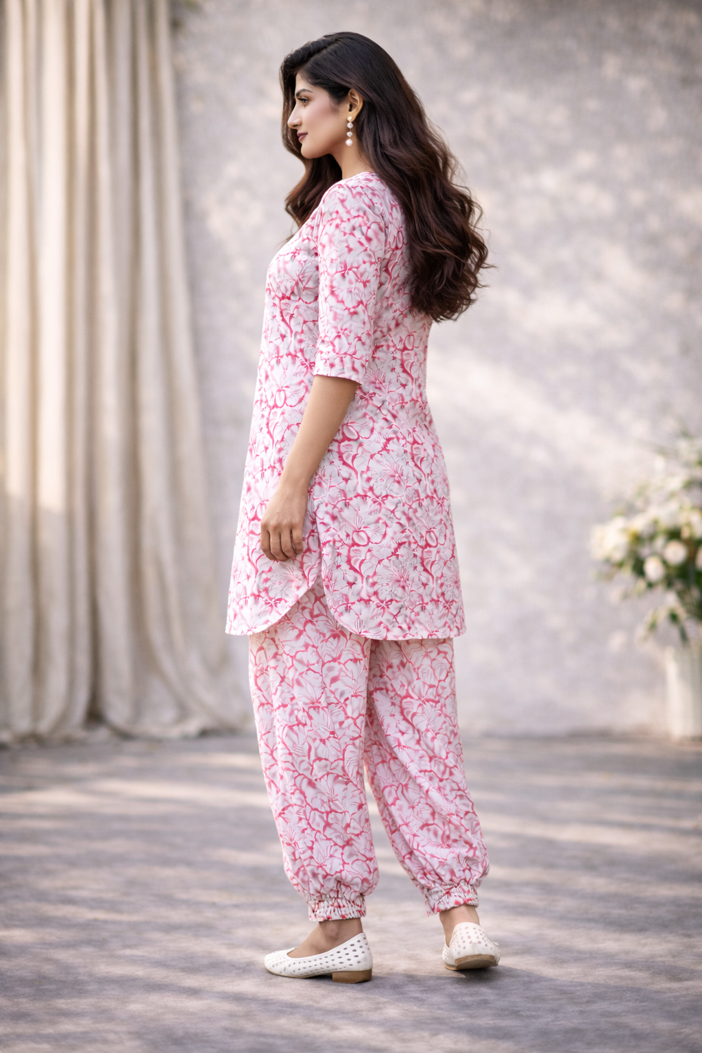 Co-ords - Chinese Collar Short Kurta with Gathered Hem, Loose Harem Pants