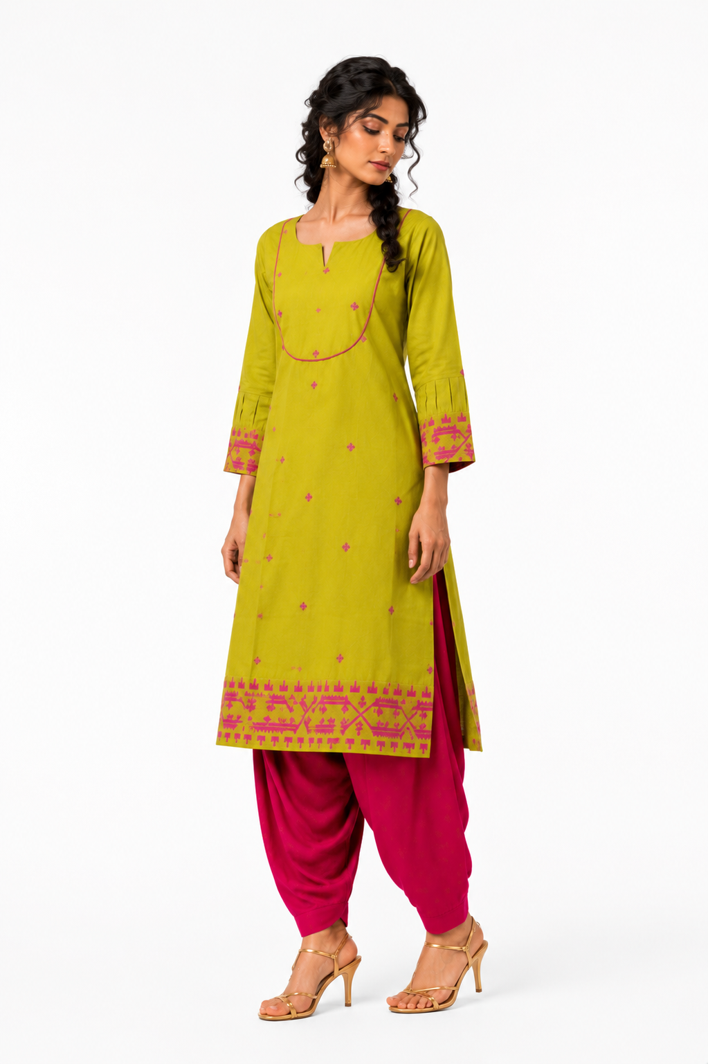 Parrot Green Cotton Jamdani Cotton Jakard Dobby Border with U-Yoke Kurta
