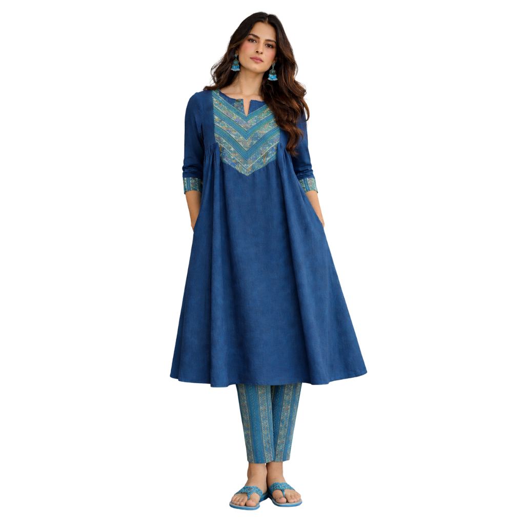 A-line Kurta with gathers matched with a Cig pant - 2pcs Set