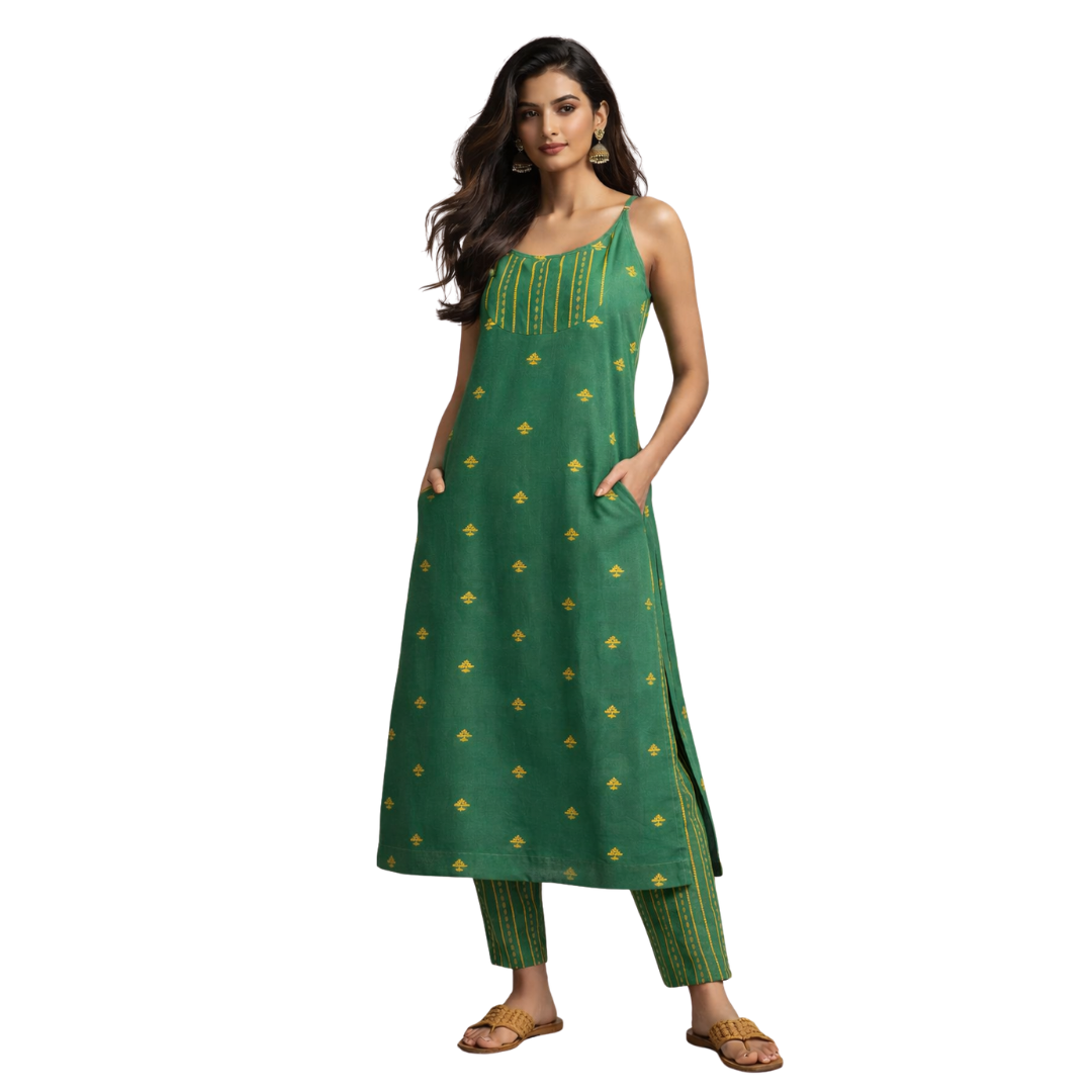 Wide Hem, Low Slit open Thin Strape Kurta with Pockets with a Matching Cig Pant - 2pcs Set
