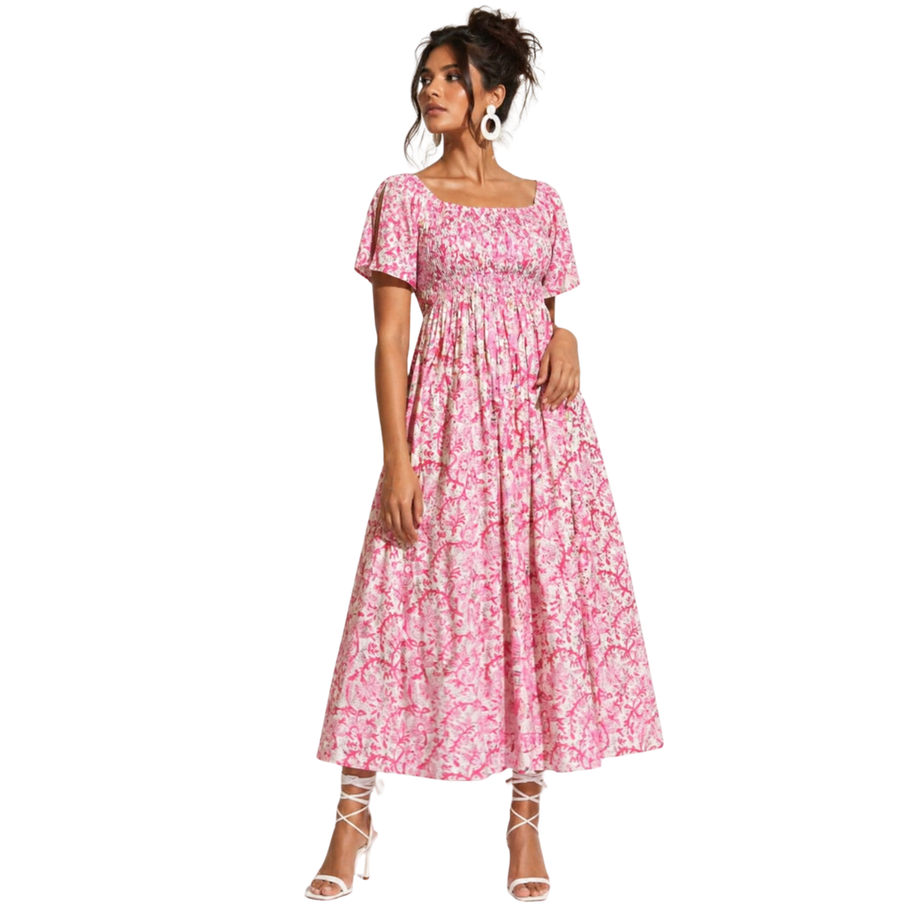 A-line Dress with hand-smocked Yoke & Square Scoop Neck with Pockets