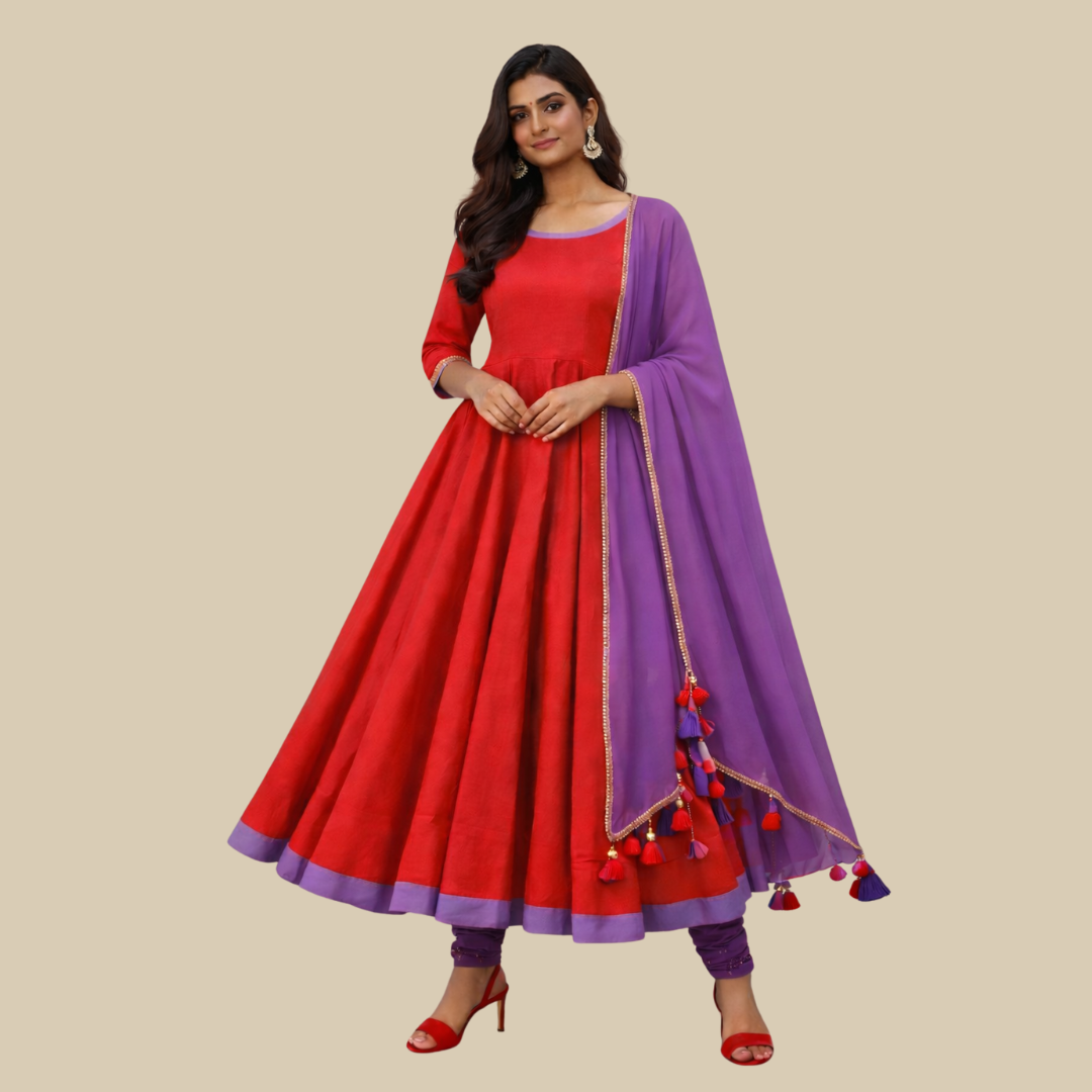 3pcs Set - Full flare Anarkali with Sequence Sleeve cuff along with matching Chudi Bottom & Dupatta with Tassel