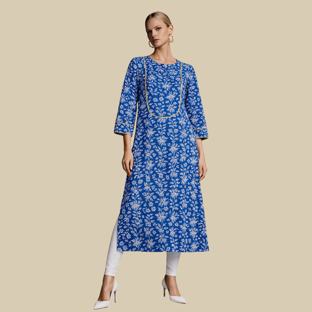 U Yoke Kurta with Gold lace and Gathered Cuff Sleeve