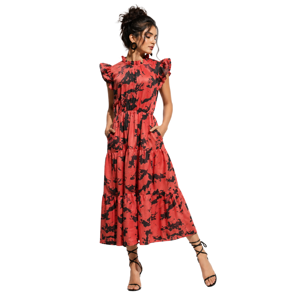 Floral Ruffle Tiered Midi Dress with High ruffled neckline & Soft flutter sleeves
