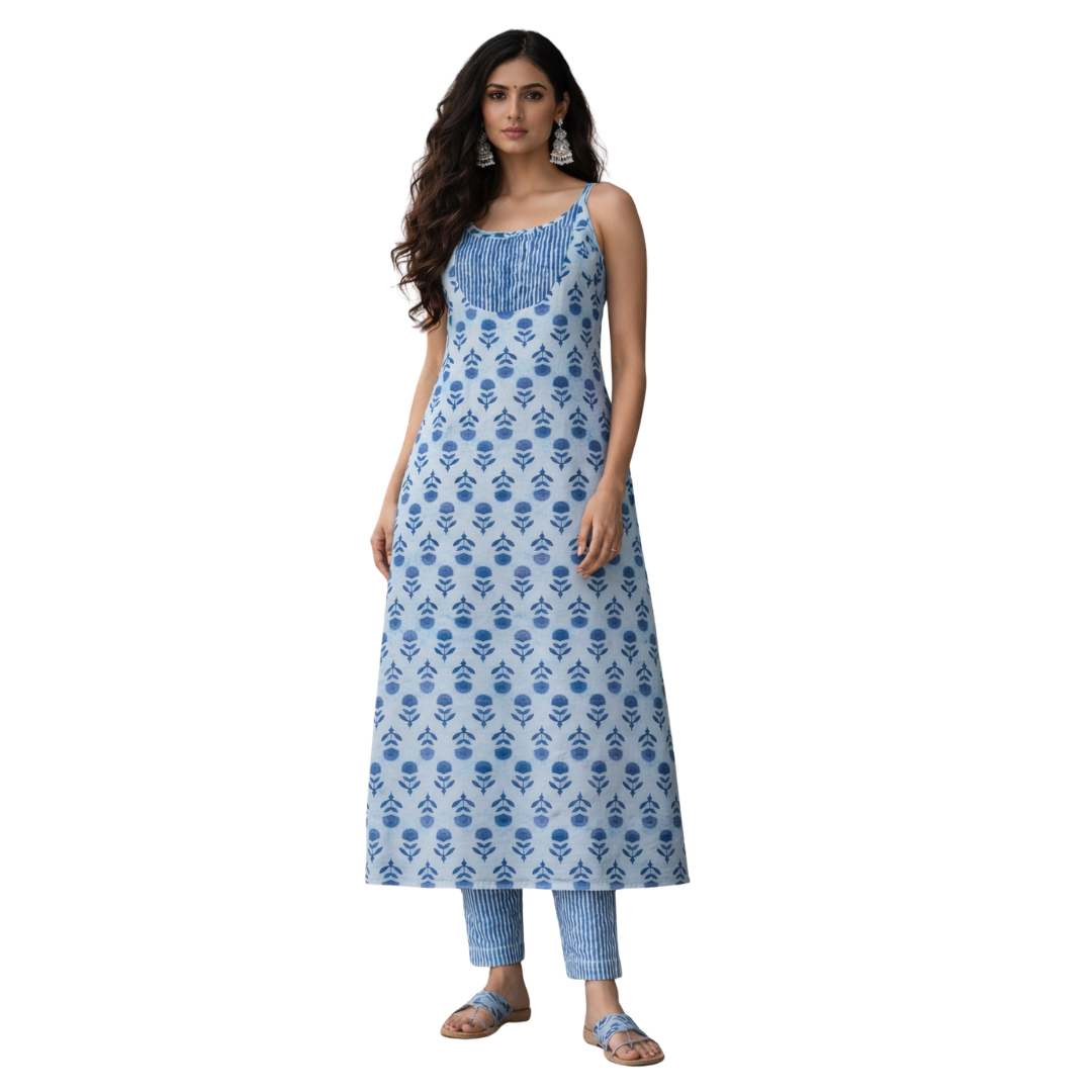 Wide Hem, Low Slit open Thin Strap Kurta with Pockets with a Matching Cig Pant - 2pcs Set