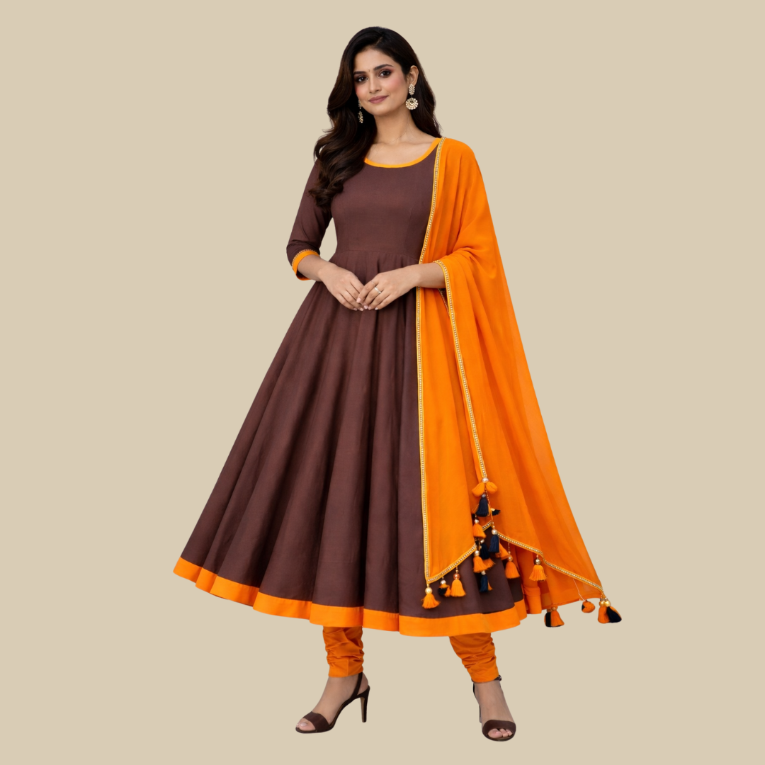 3pcs Set - Full flare Anarkali with Sequence Sleeve cuff along with matching Chudi Bottom & Dupatta with Tassel