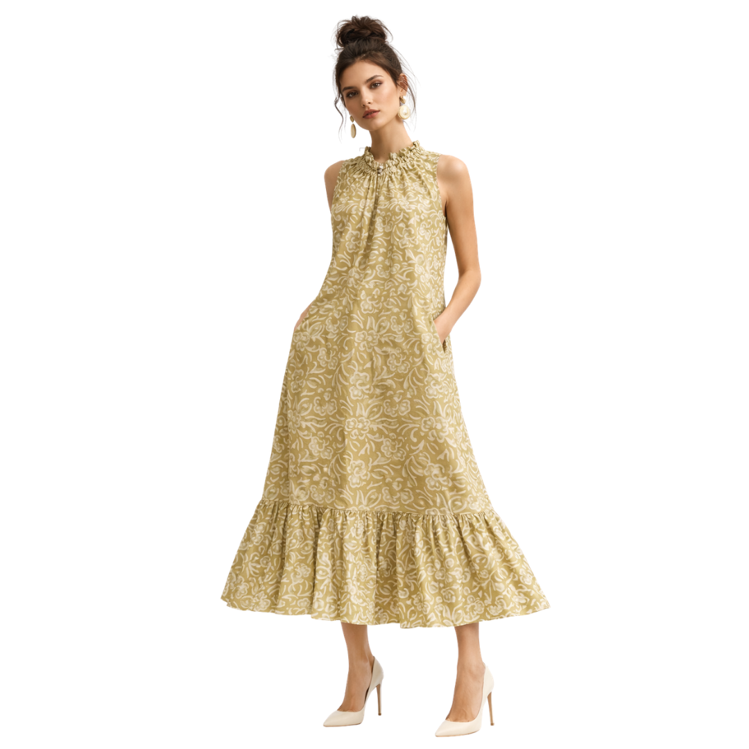 Frill Closed Neck Sleeveless Dress with Pockets