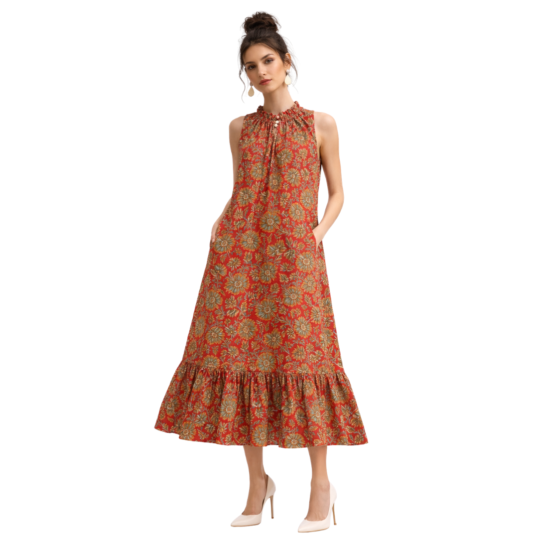 Frill Closed Neck Sleeveless Dress with Pockets