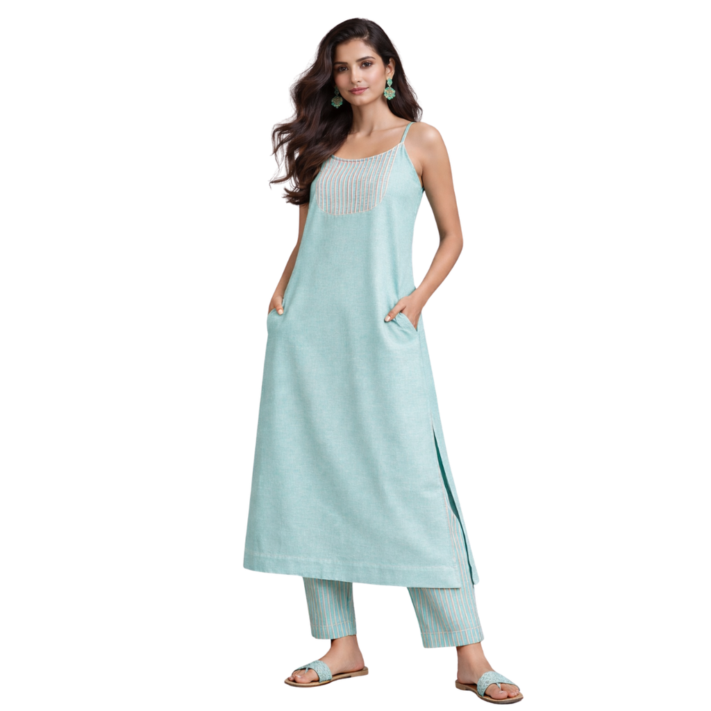 Wide Hem, Low Slit open Thin Strape Kurta with Pockets with a Matching Cig Pant - 2pcs Set