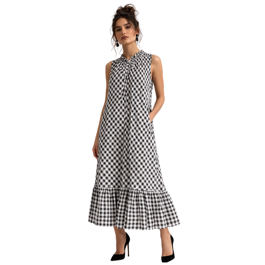 Frill Closed Neck Sleeveless Dress with Pockets