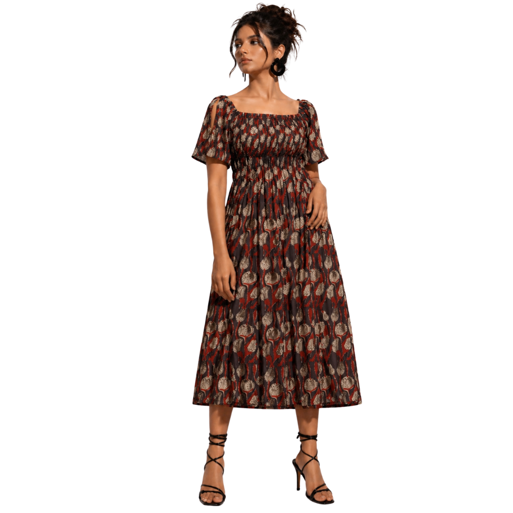 A-line Dress with hand-smocked Yoke & Square Scoop Neck with Pockets