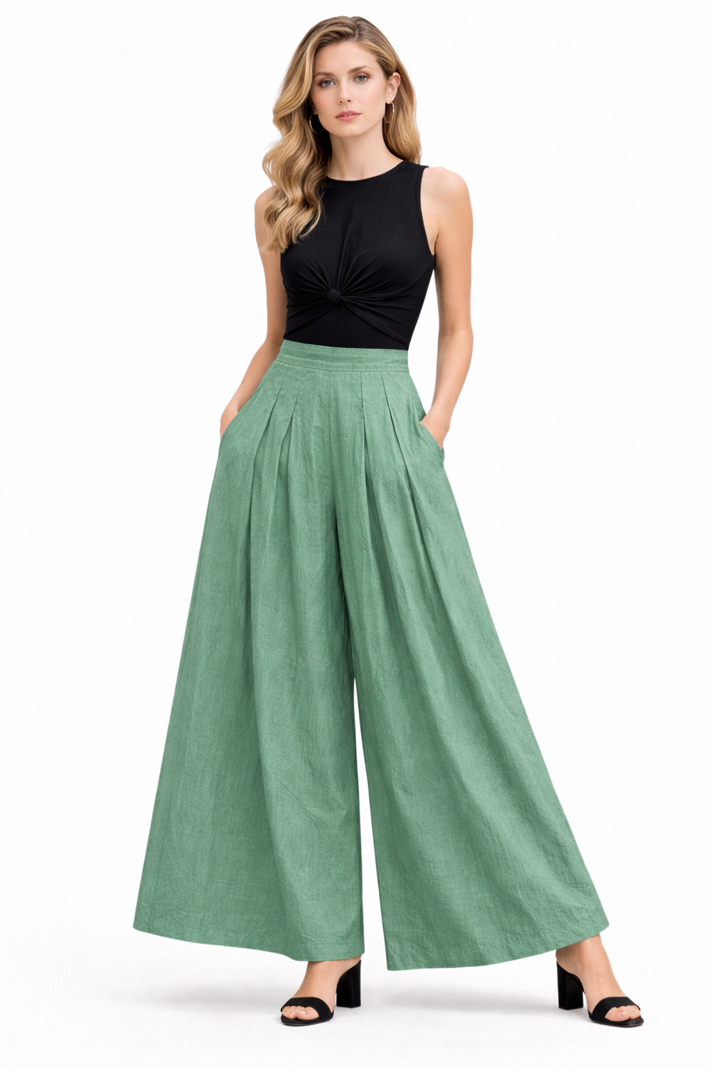 Box Pleated Flared Palazzo with Pockets