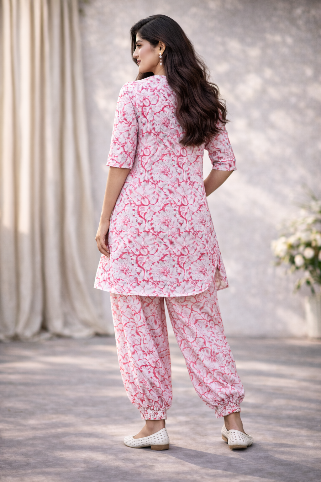Co-ords - Chinese Collar Short Kurta with Gathered Hem, Loose Harem Pants