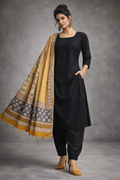 3 Pcs Set - Kurta with Pin tuck yoke Co-ords with Patiala Pants & Printed Linen Cotton Hand  Blocked Dupatta