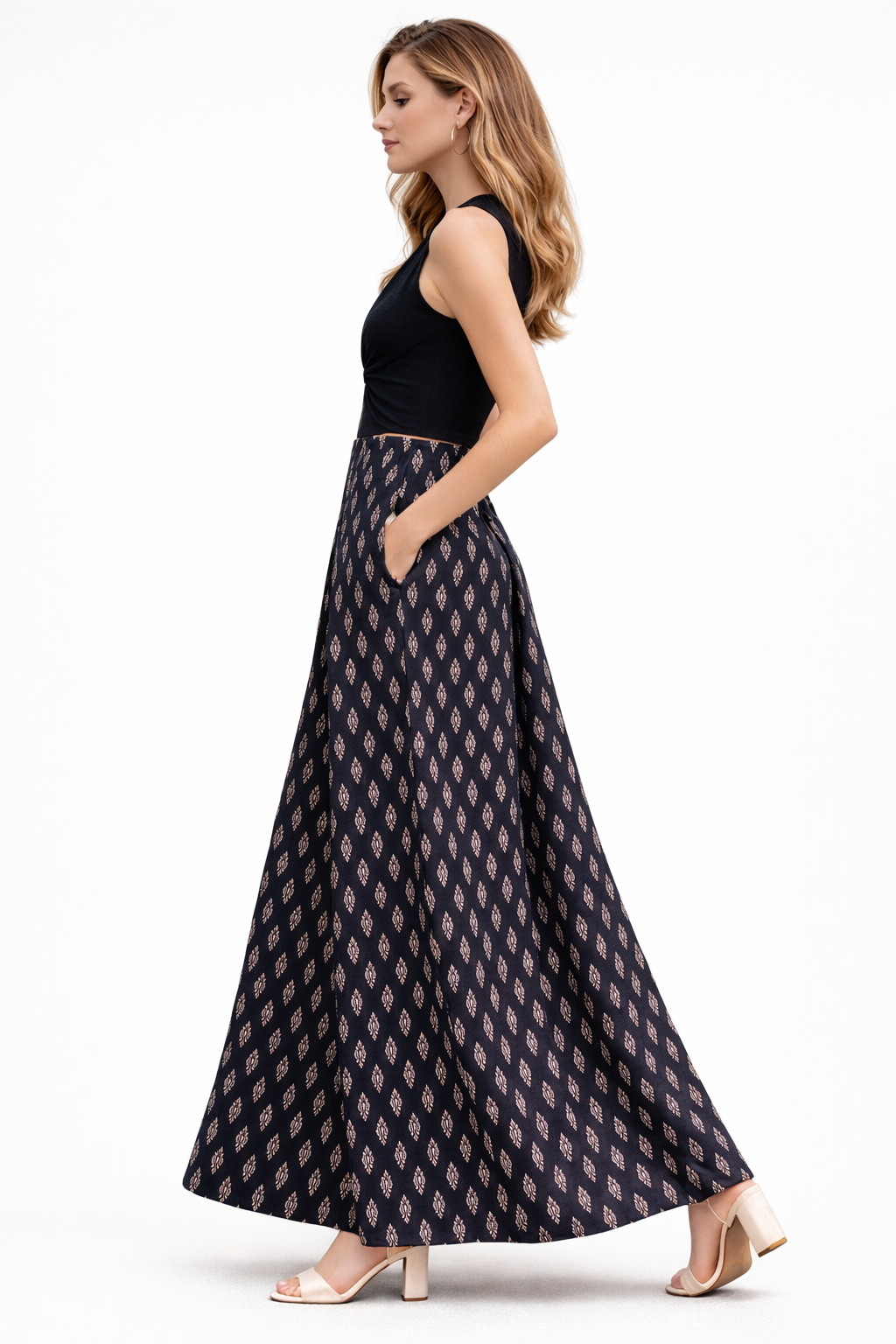 Box Pleated Flared Palazzo With Pockets