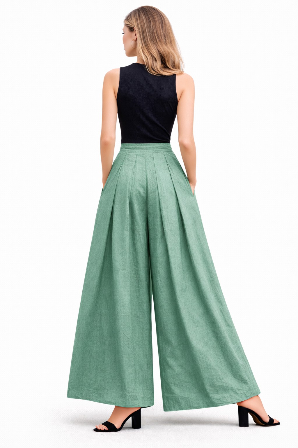 Box Pleated Flared Palazzo with Pockets