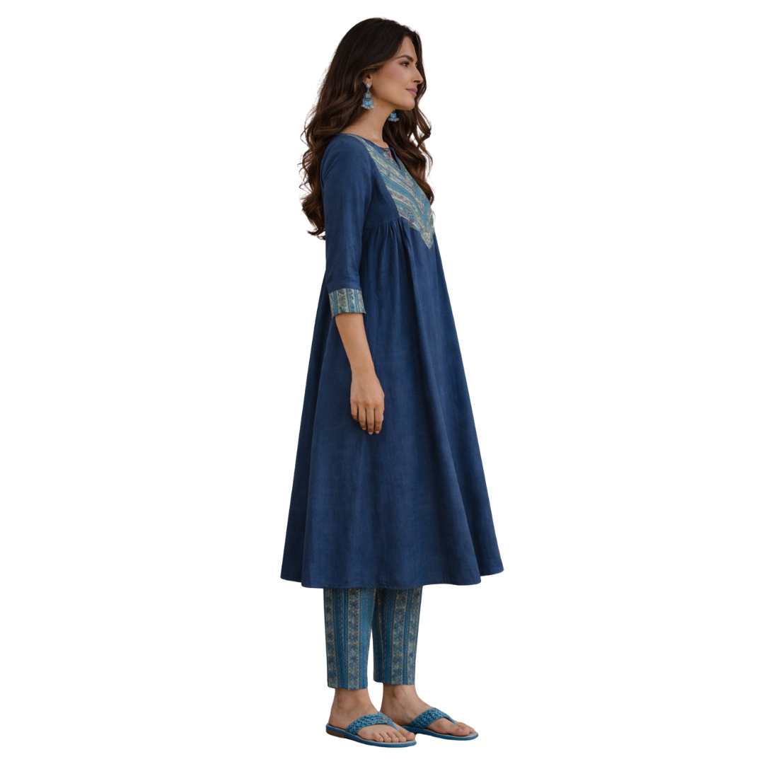 A-line Kurta with gathers matched with a Cig pant - 2pcs Set