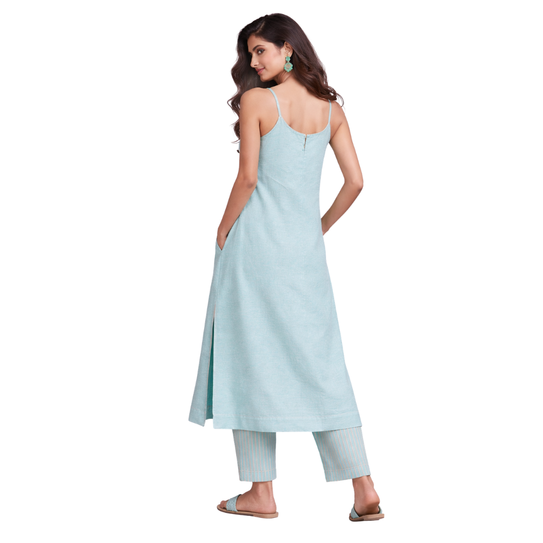 Wide Hem, Low Slit open Thin Strape Kurta with Pockets with a Matching Cig Pant - 2pcs Set