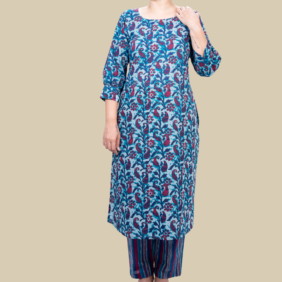 2 Pcs Set - U hem Kurta with Cig Pants