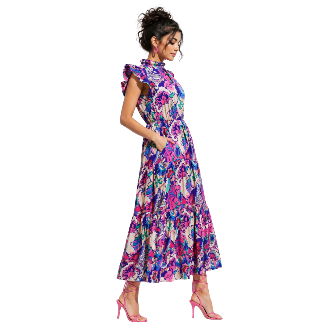 Floral Ruffle Tiered Midi Dress with High ruffled neckline & Soft flutter sleeves