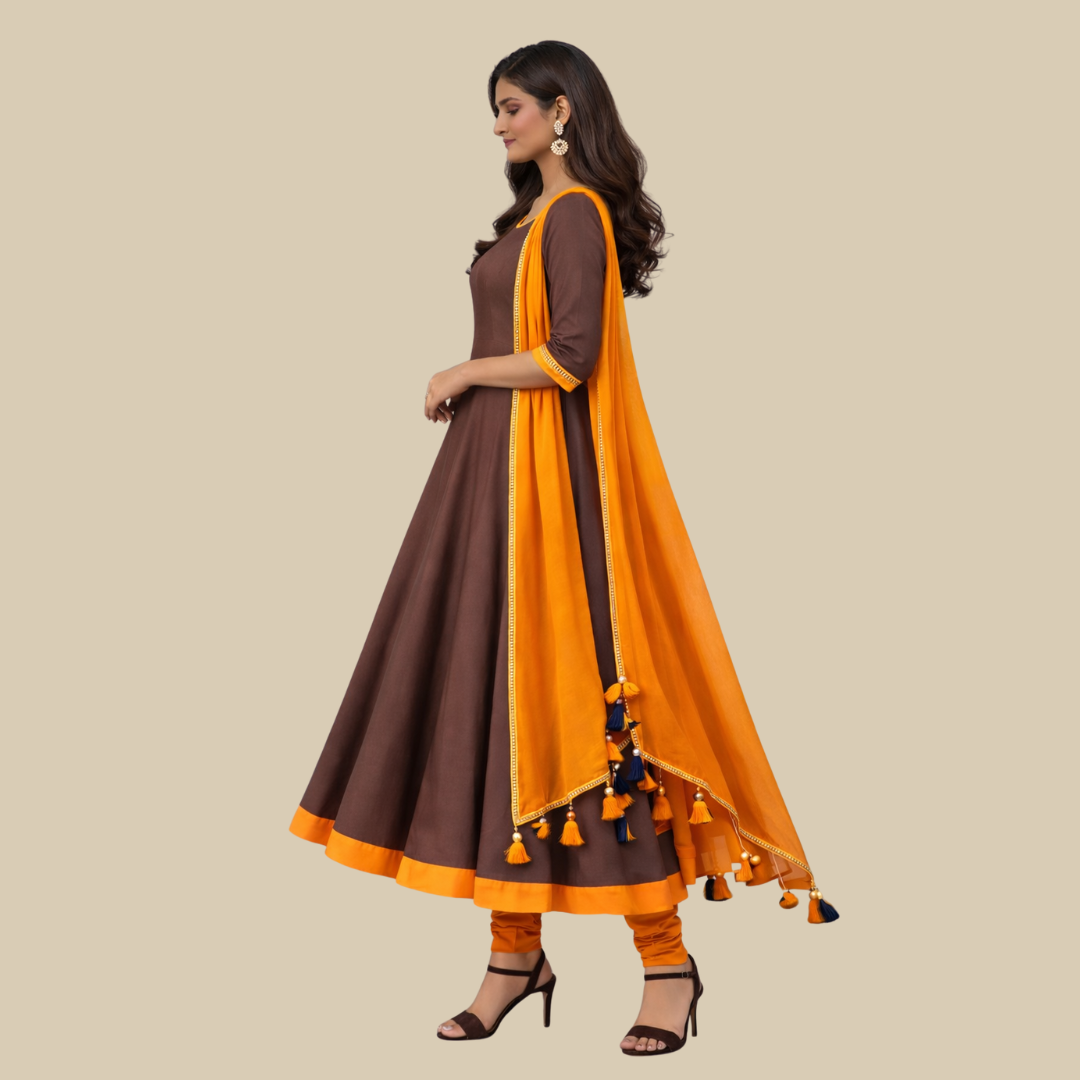3pcs Set - Full flare Anarkali with Sequence Sleeve cuff along with matching Chudi Bottom & Dupatta with Tassel