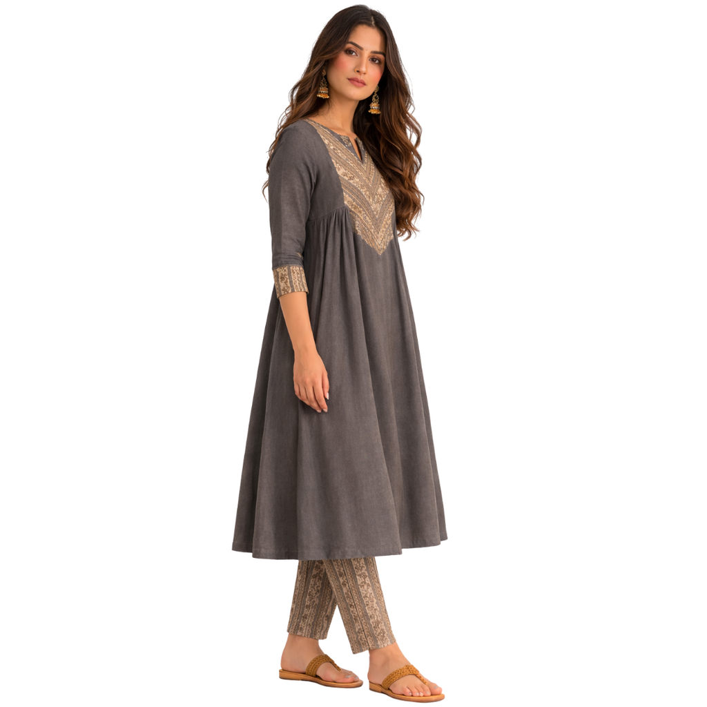 A-line Kurta with gathers & pockets matched with a Cig pant - 2pcs Set