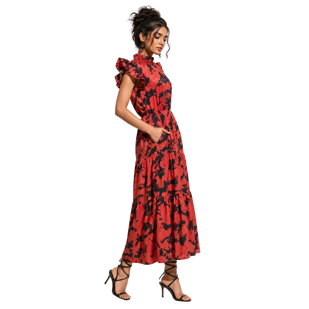 Floral Ruffle Tiered Midi Dress with High ruffled neckline & Soft flutter sleeves