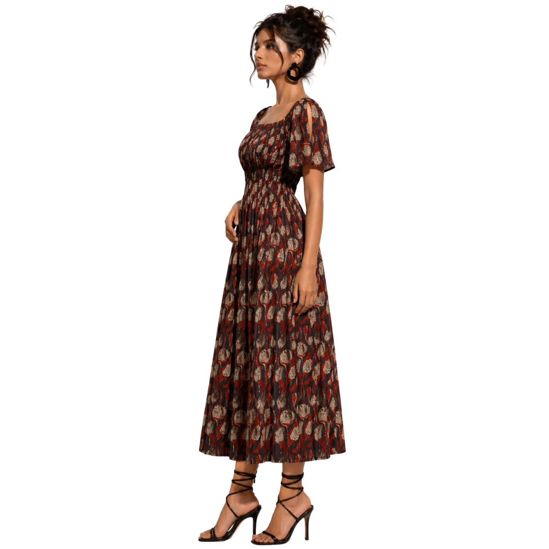 A-line Dress with hand-smocked Yoke & Square Scoop Neck with Pockets