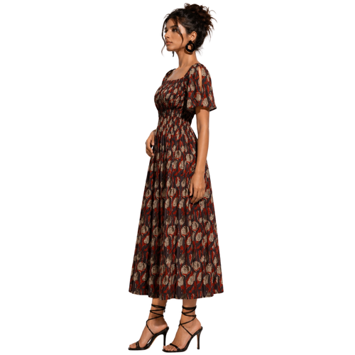 A-line Dress with hand-smocked Yoke & Square Scoop Neck with Pockets