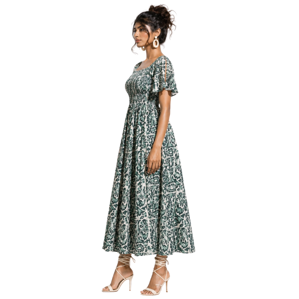 A-line Dress with hand-smocked Yoke & Square Scoop Neck with Pockets