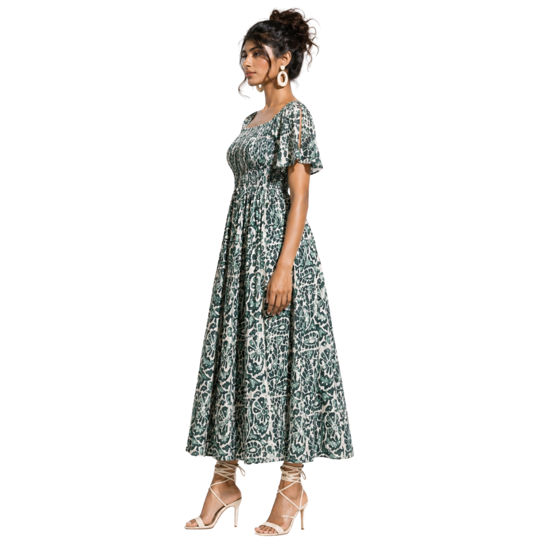 A-line Dress with hand-smocked Yoke & Square Scoop Neck with Pockets