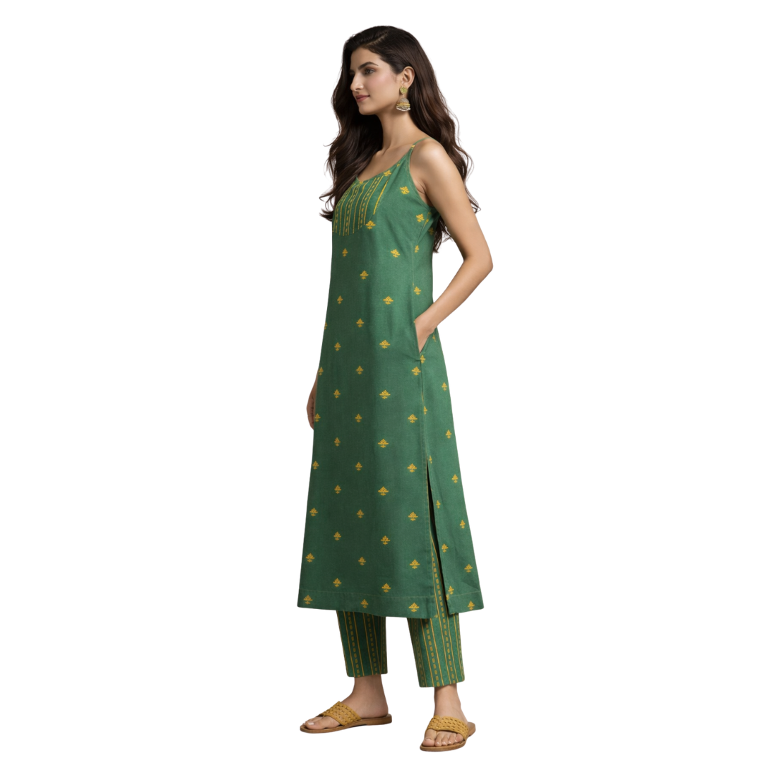 Wide Hem, Low Slit open Thin Strape Kurta with Pockets with a Matching Cig Pant - 2pcs Set