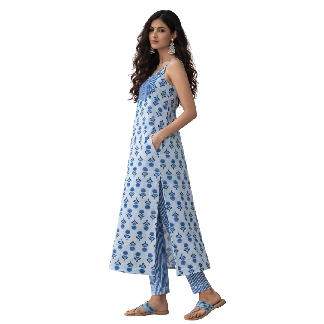 Wide Hem, Low Slit open Thin Strap Kurta with Pockets with a Matching Cig Pant - 2pcs Set