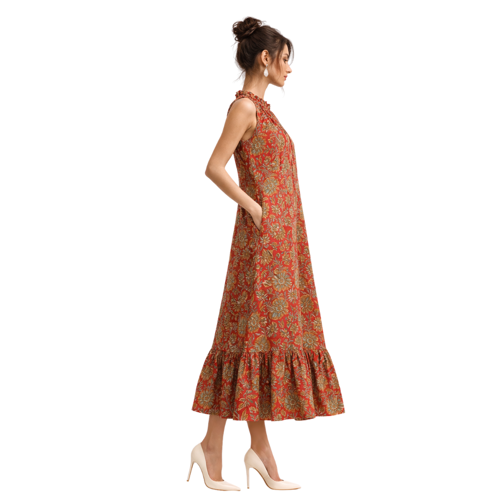 Frill Closed Neck Sleeveless Dress with Pockets