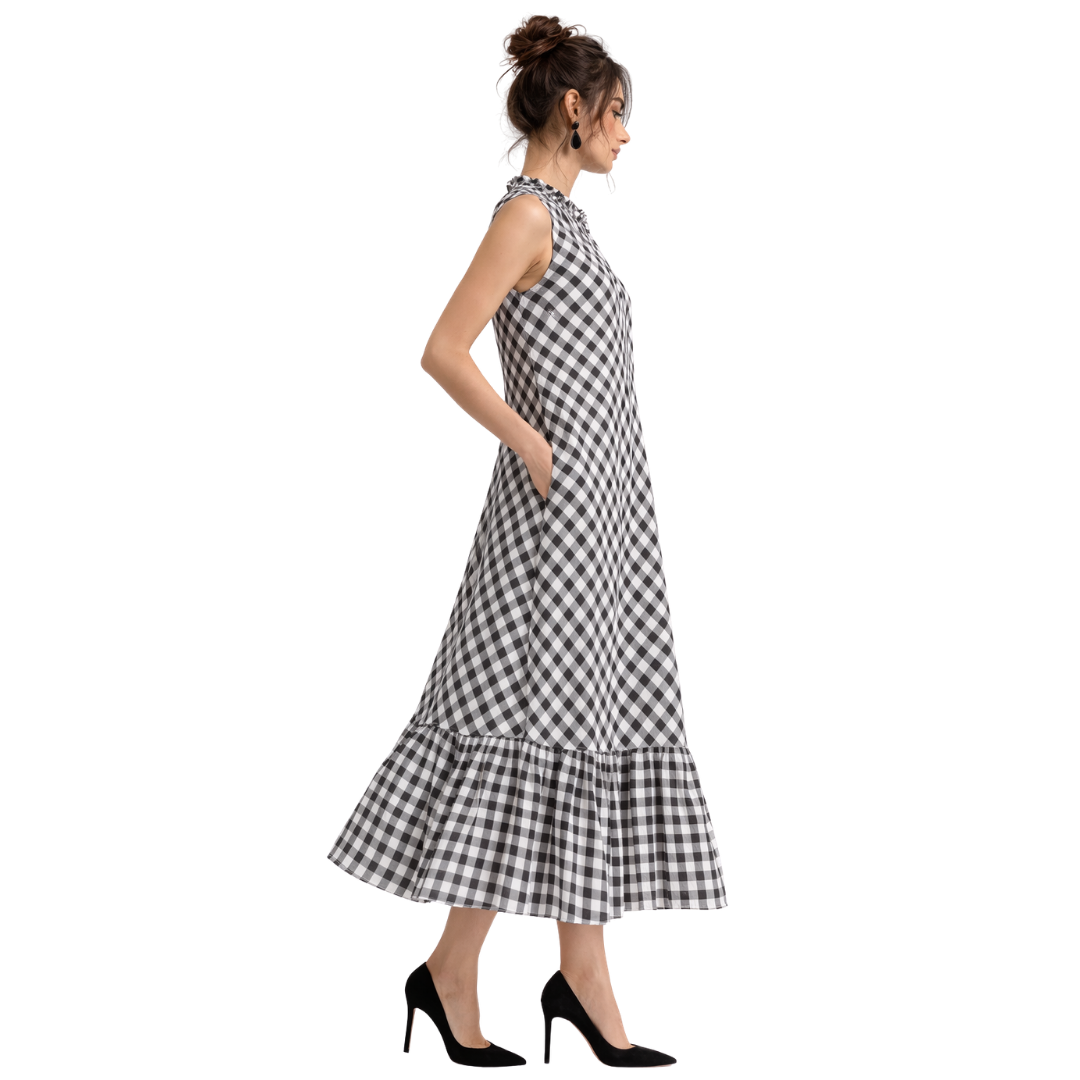 Frill Closed Neck Sleeveless Dress with Pockets