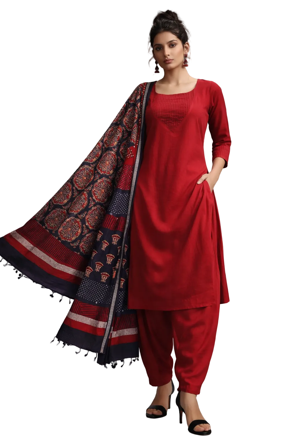 3 Pcs Set - Kurta with Pin tuck yoke Co-ords with Patiala Pants & Printed Linen Cotton Hand  Blocked Dupatta