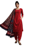 3 Pcs Set - Kurta with Pin tuck yoke Co-ords with Patiala Pants & Printed Linen Cotton Hand  Blocked Dupatta