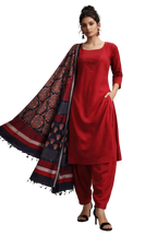 3 Pcs Set - Kurta with Pin tuck yoke Co-ords with Patiala Pants & Printed Linen Cotton Hand  Blocked Dupatta