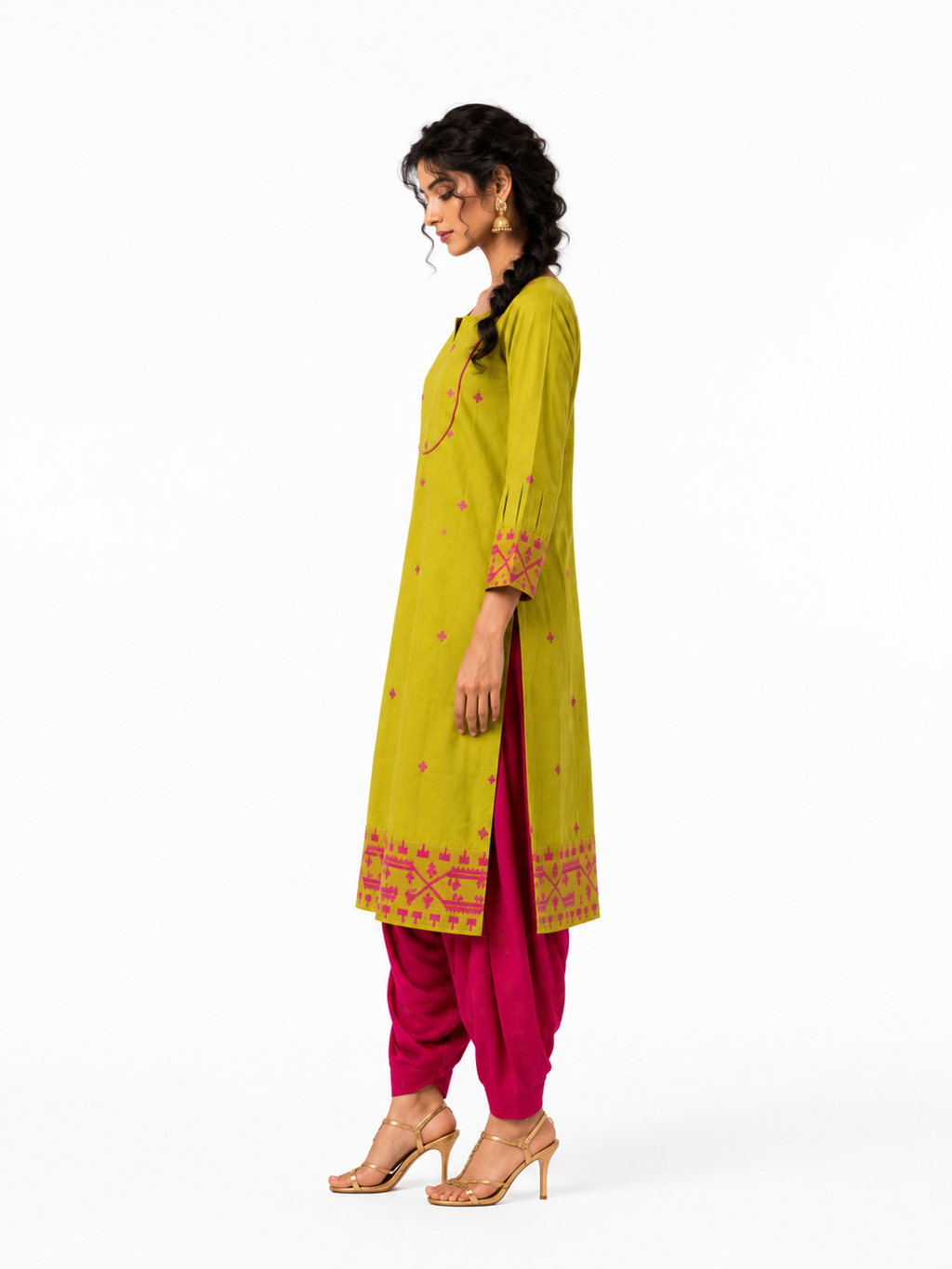 Parrot Green Cotton Jamdani Cotton Jakard Dobby Border with U-Yoke Kurta