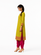 Parrot Green Cotton Jamdani Cotton Jakard Dobby Border with U-Yoke Kurta