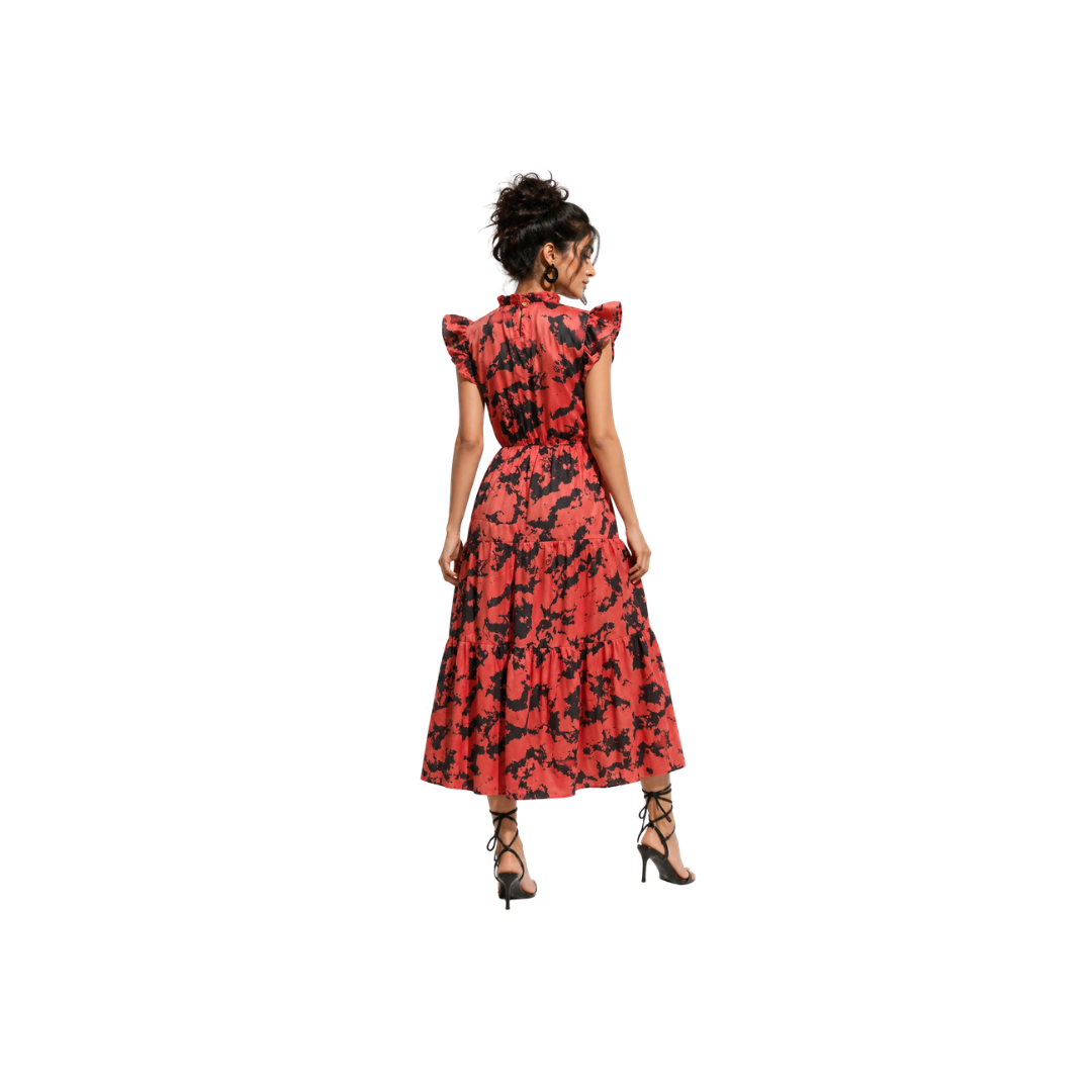 Floral Ruffle Tiered Midi Dress with High ruffled neckline & Soft flutter sleeves