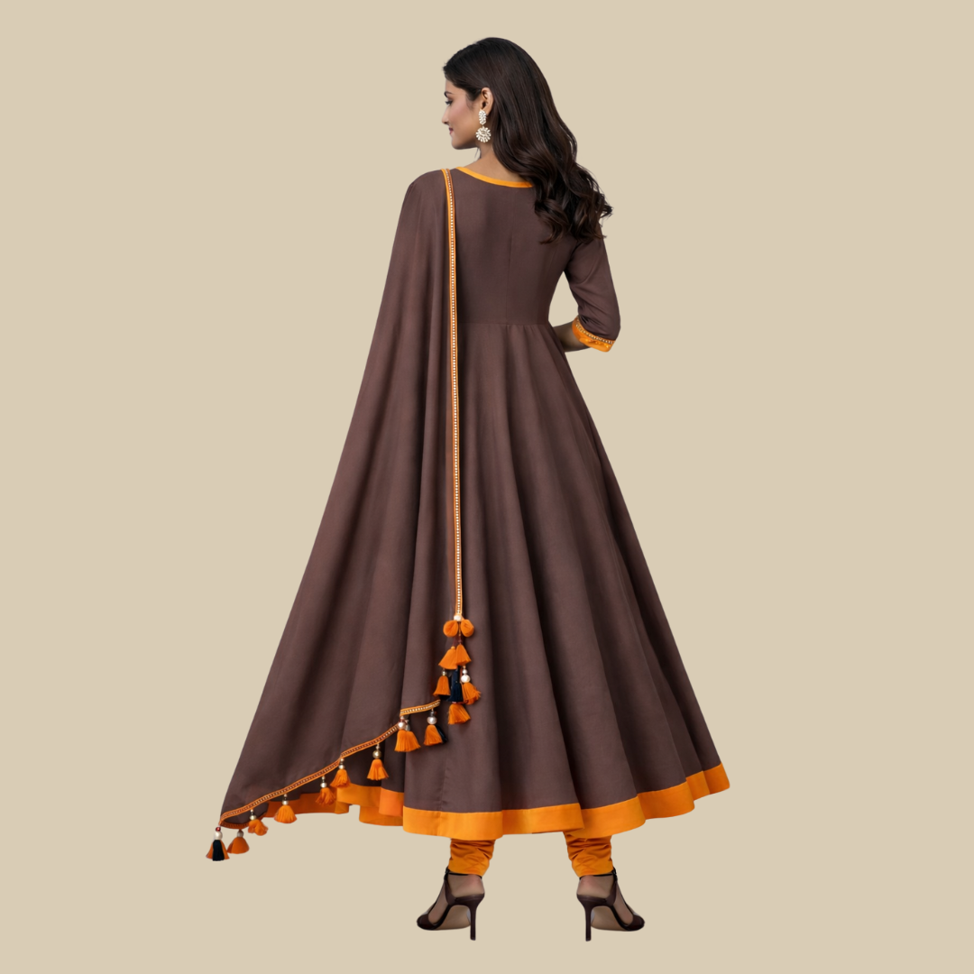 3pcs Set - Full flare Anarkali with Sequence Sleeve cuff along with matching Chudi Bottom & Dupatta with Tassel