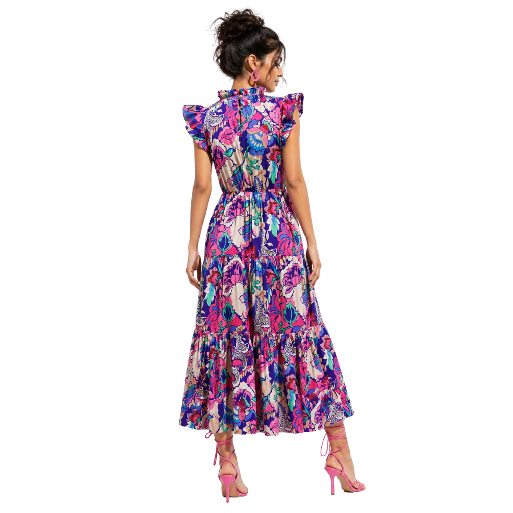 Floral Ruffle Tiered Midi Dress with High ruffled neckline & Soft flutter sleeves