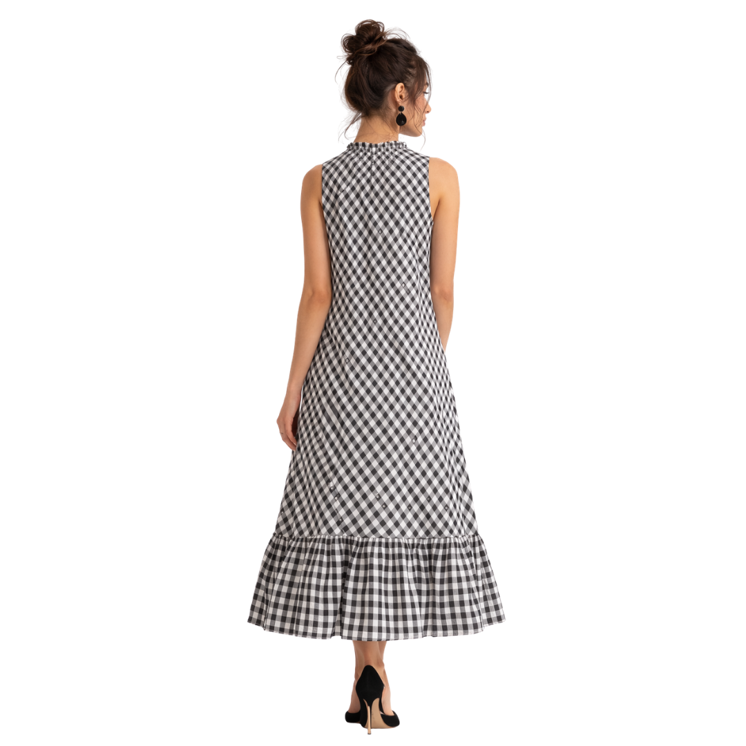 Frill Closed Neck Sleeveless Dress with Pockets