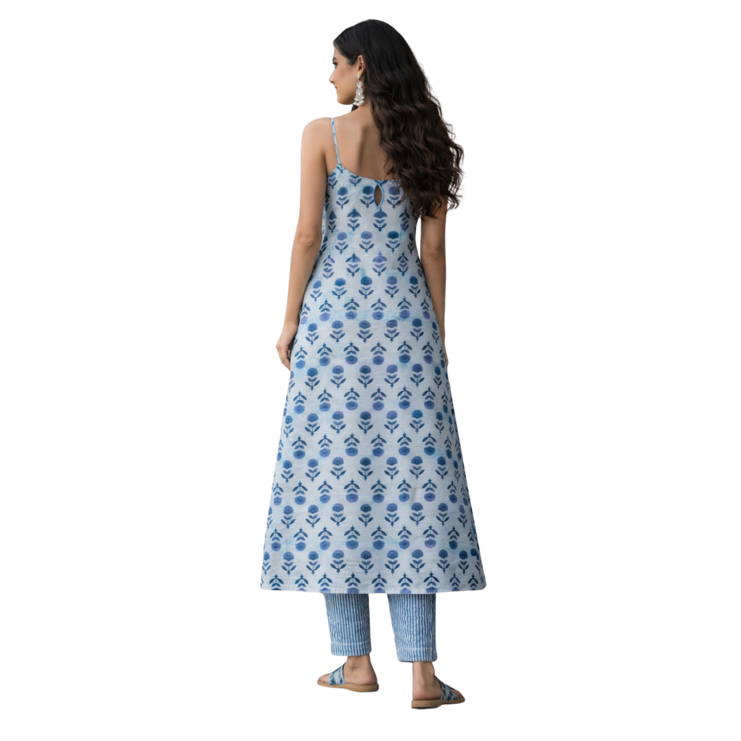 Wide Hem, Low Slit open Thin Strap Kurta with Pockets with a Matching Cig Pant - 2pcs Set