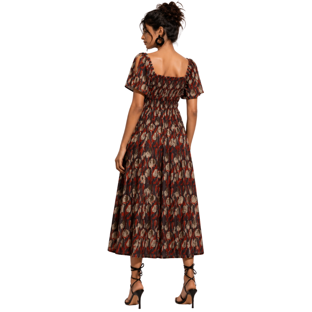 A-line Dress with hand-smocked Yoke & Square Scoop Neck with Pockets