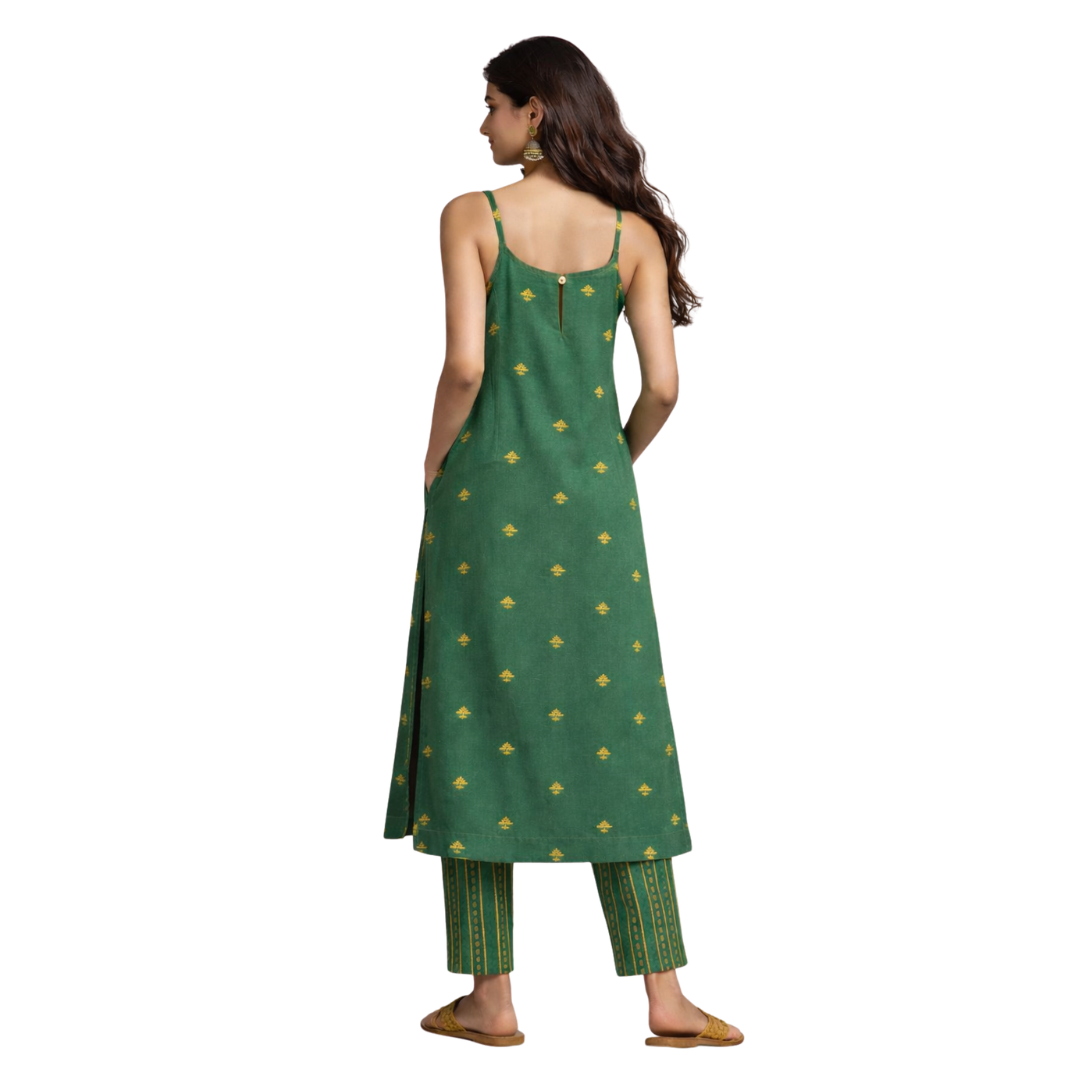 Wide Hem, Low Slit open Thin Strape Kurta with Pockets with a Matching Cig Pant - 2pcs Set